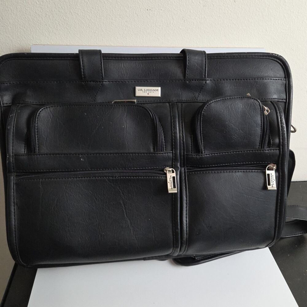 US Luggage New York Black Leather Expandable Briefcase Laptop Bag Shoulder Strap